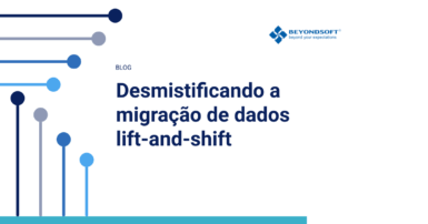 Capa do blog com o título “Desmistificando a migração de dados lift-and-shift” sobre fundo branco com elementos azuis tecnológicos.