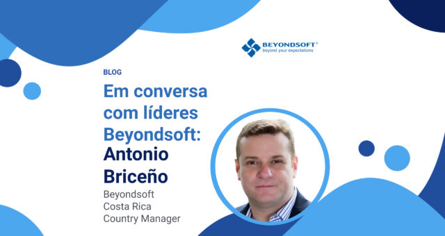 Antonio Briceño, gerente da Beyondsoft Costa Rica, com o título do blog sobre liderança e elementos visuais azuis.