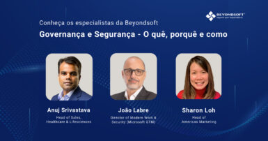 Imagem apresentando três especialistas: Anuj Srivastava, João Labre e Sharon Loh. O tema abordado é "Governança e Segurança – O quê, porquê e como". Os nomes e cargos dos palestrantes aparecem abaixo de suas fotos, com fundo azul e elementos gráficos.