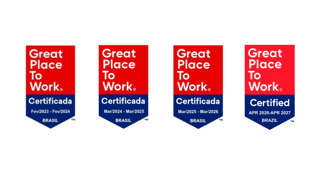Imagem com os quatro selos consecutivos do Great Place to Work conquistados pela Beyondsoft Brasil, representando o reconhecimento contínuo da empresa como um excelente lugar para trabalhar.
