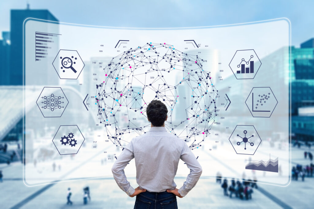 Man looking at big data and predictive analytics visualization