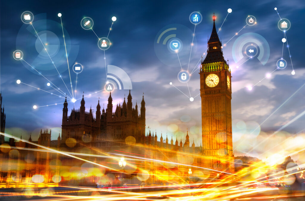 London skyline with technology icon overlay depicting Beyondsoft UK office opening
