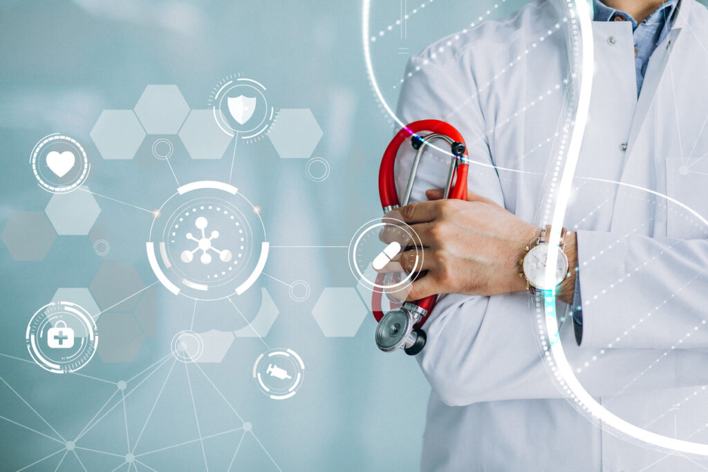 Veterinarian with technology icons depicting consulting and managed services for veterinary care